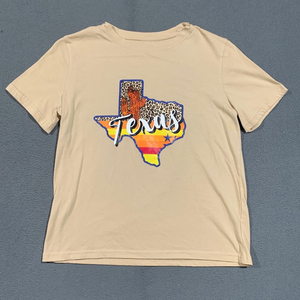 SHEIN Texas Graphic T-Shirt Women Small Tan Leopard Cactus Western Tee